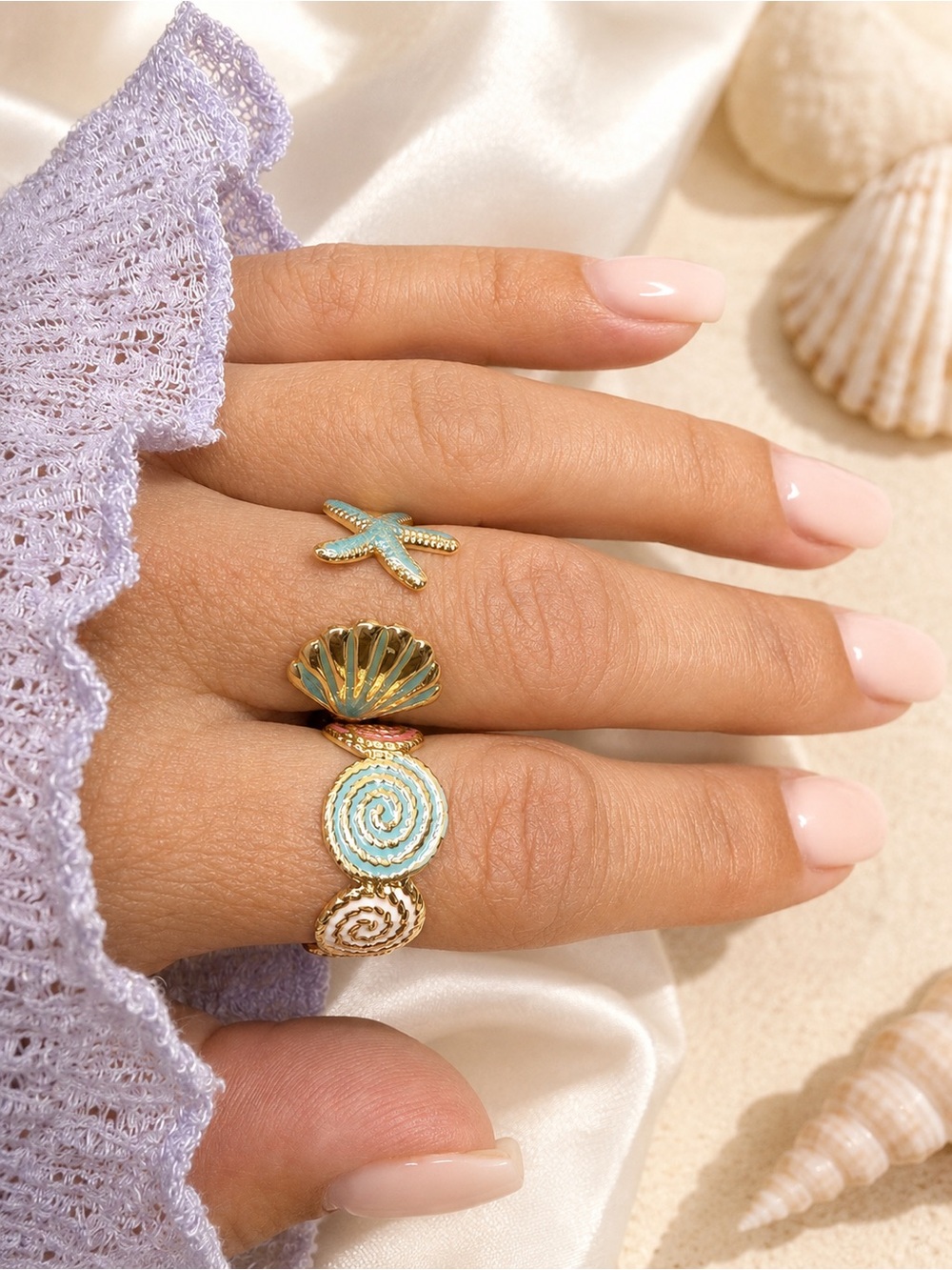 Gold Turquoise Shell & Starfish Adjustable Rings